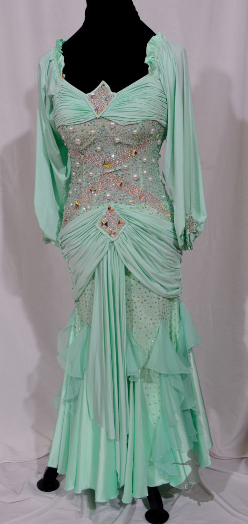 Mint green ballroom dance dress, ruching, Swarovski stones and pearls